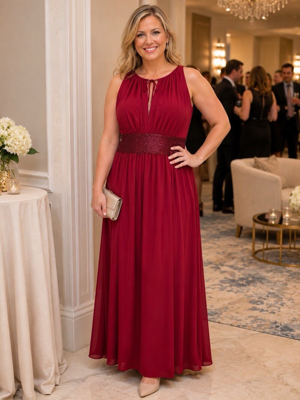 JS Boutique Gown 18W Maroon Red Formal Evening Dress Keyhole Neck Sequin Waist